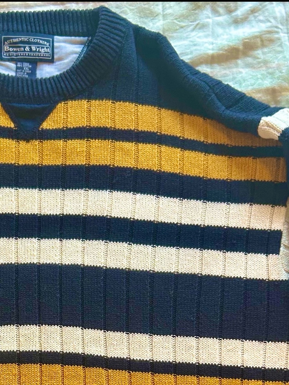 Bowen & Wright Ramie & Cotton XL Men’s Crewneck Knit Sweater Navy Blue Yellow